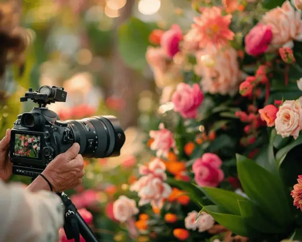 Un témoin filme un mariage avec un appareil photo professionnel, capturant la beauté des fleurs. Une idée vidéo mariage témoin parfaite.