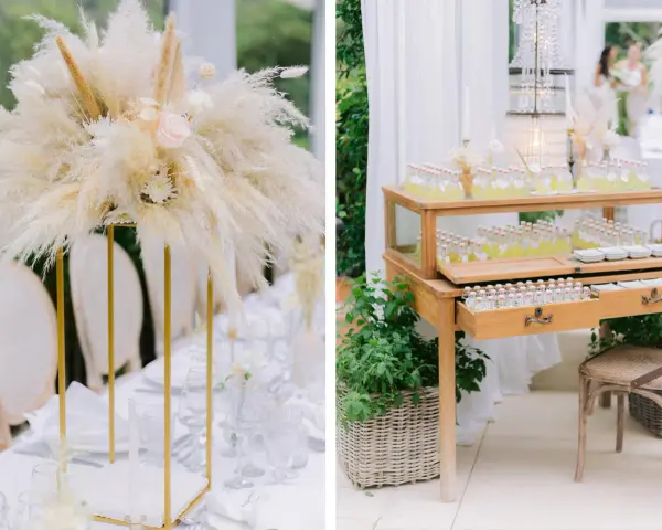 Décoration de mariage bohème avec pampas et bar à limonade. Une belle idée pour une organisation mariage soi-même.