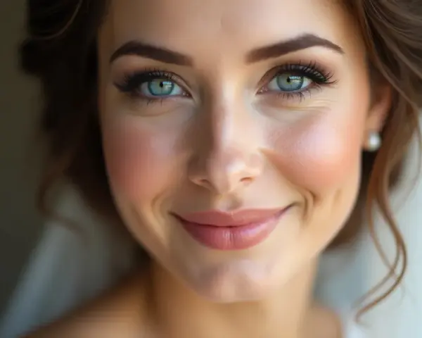 Un maquillage mariage sublime des yeux bleus perçants, rehaussés de cils longs et d'un blush délicat.