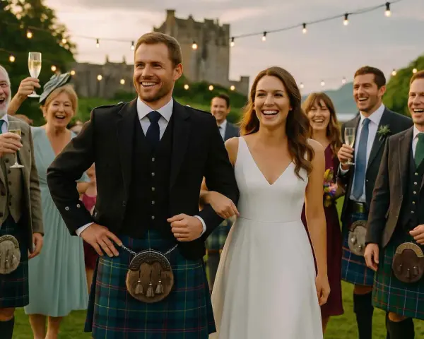 Un couple rayonnant célèbre son mariage en Écosse, entouré de leurs proches. Les kilts traditionnels ajoutent une touche d'authenticité à cette journée mémorable.