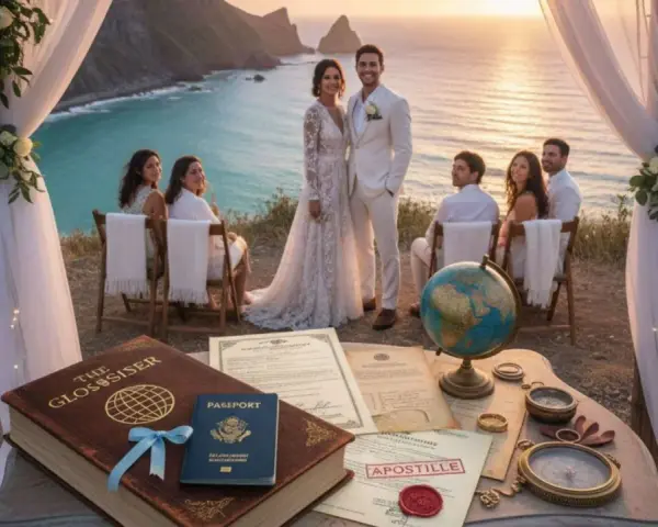 Un couple se marie à l'étranger, entouré de témoins, avec un globe et des documents suggérant un mariage international.