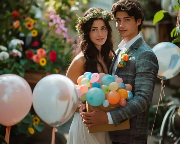 Un jeune couple, elle couronnée de fleurs, lui en costume, tient un bouquet de ballons colorés. Une belle idée surprise mariage.