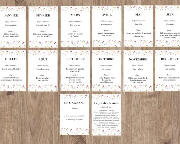 Cartes de jeux mariage "12 mois de l'année" avec des gages et objets à trouver pour chaque mois.
