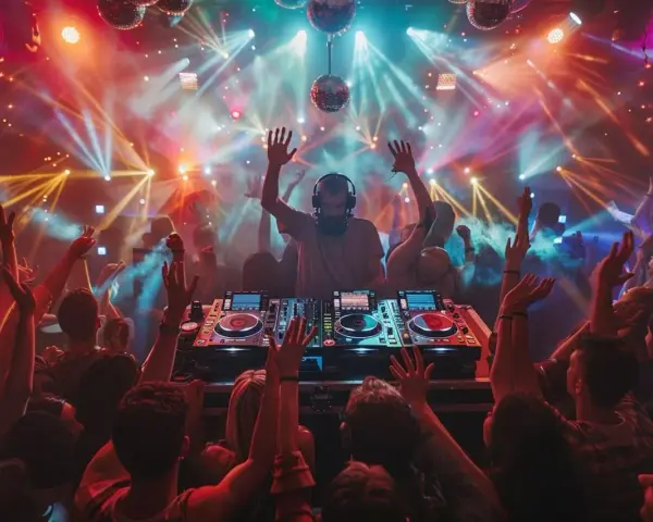 DJ mixant une chanson marrante pour soirée, foule en délire sous les lumières disco.