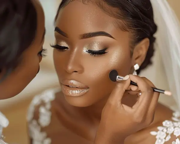 Maquillage peau noire mariage : une mariée resplendissante, le teint sublimé par des touches dorées et scintillantes. Ses yeux et ses lèvres brillent de mille feux.