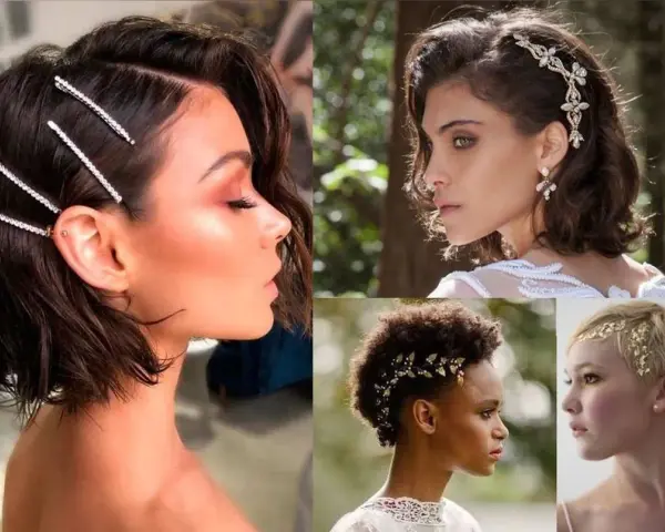 Coiffure mariage cheveux court et fin : épingles scintillantes, diadème fleuri, bijou végétal, feuilles d'or.