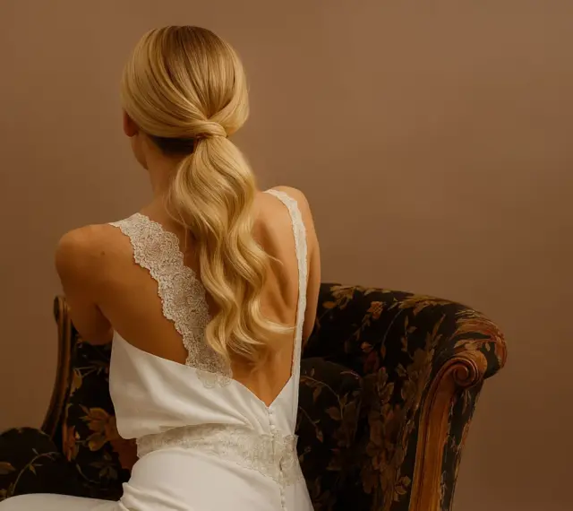 Une invitée de mariage arbore une élégante robe blanche et une queue de cheval blonde, assise sur un fauteuil fleuri.