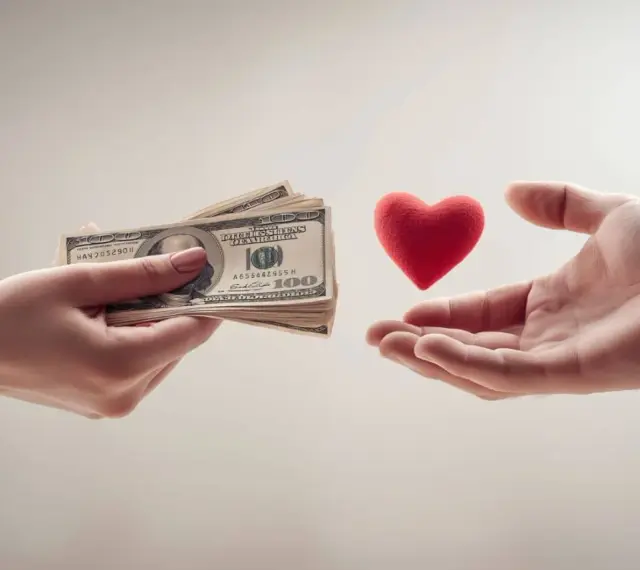 Une main tend des billets de banque, tandis qu'une autre tend un cœur rouge. Une métaphore pour savoir combien donner à un mariage.