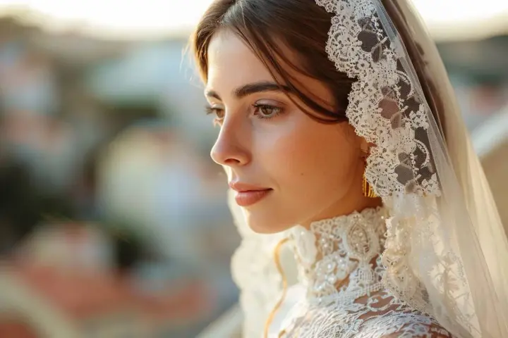 Profil d'une mariée portant une robe traditionnelle portugaise, voile en dentelle fine et col orné de perles.