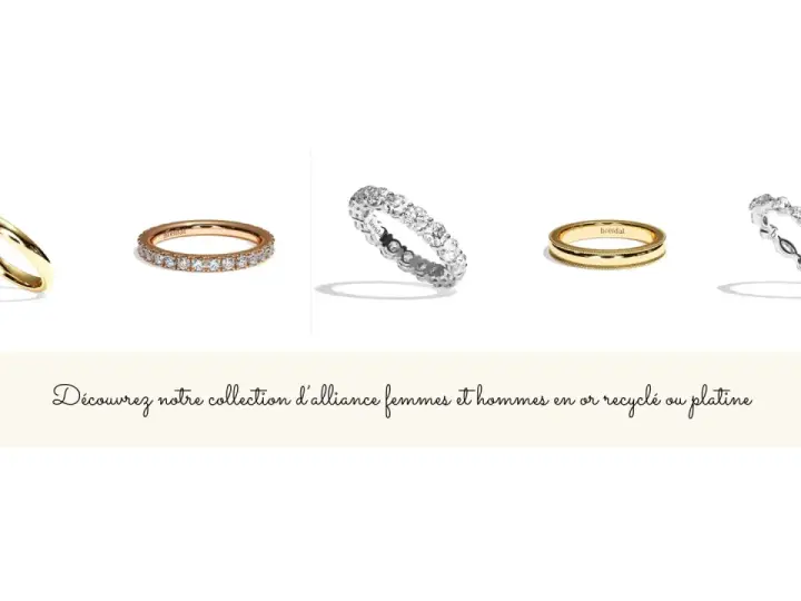 Cinq alliances, dont une alliance or jaune simple, une alliance or rose pavée de diamants, une alliance diamants tour complet, une alliance or jaune texturée et une alliance diamants ajourée.