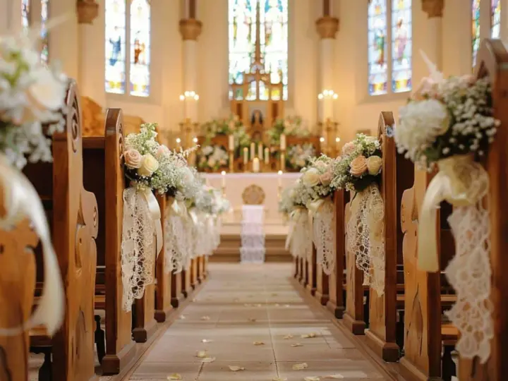 Allée d'église décorée pour un mariage. Des bouquets de fleurs et de la dentelle ornent les bancs, créant une ambiance romantique. Déco église mariage à faire soi-même.