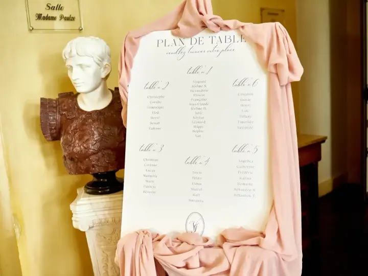 Plan de table de mariage, avec la disposition des invités par table. Une statue antique et des drapés roses décorent l'entrée.