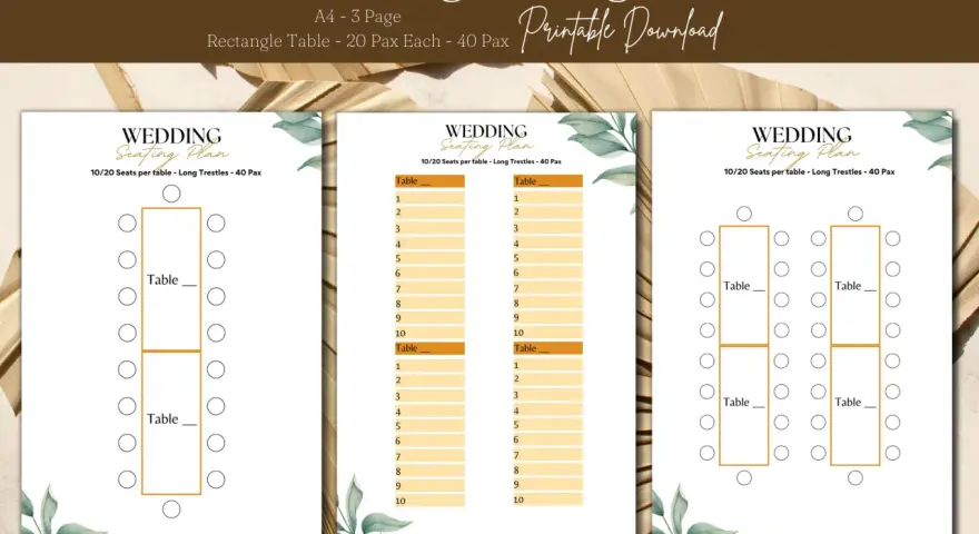 Plan de table pour 40 personnes, avec des tables rectangulaires et des indications pour 10 à 20 invités par table.