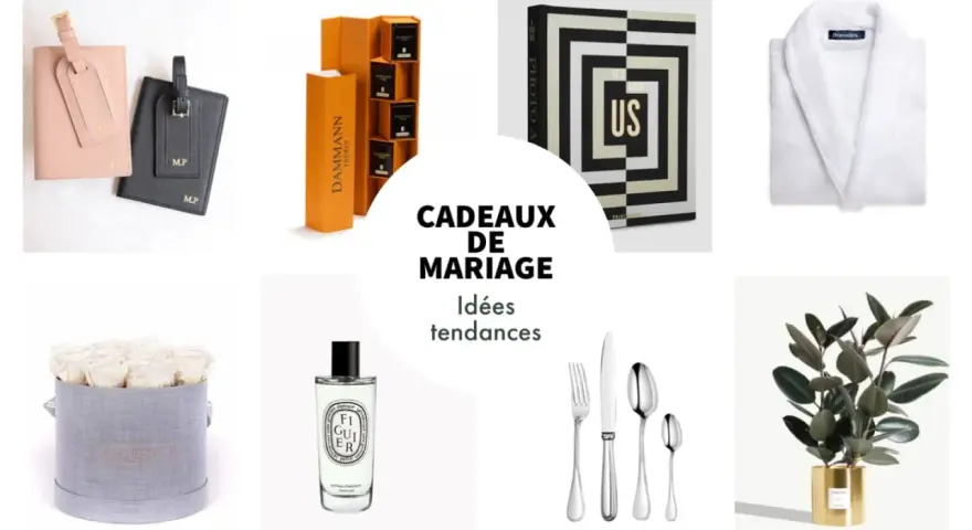 Une sélection d'idées cadeaux pour une liste de mariage traditionnelle : trousse de voyage, thé, album photo, peignoir, roses, parfum, couverts et plante.