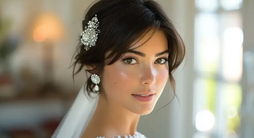 Une mariée aux cheveux courts, ornée d'une épingle scintillante et de boucles d'oreilles élégantes, rayonne de bonheur.