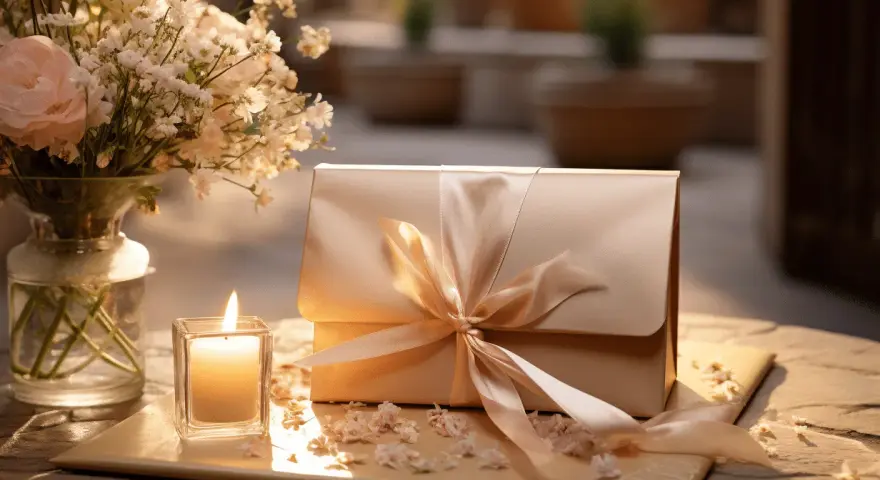 Un cadeau élégant, une bougie allumée et des fleurs pour un mariage. Combien donner pour un mariage d'un filleul ? Une question qui se pose devant cette scène.