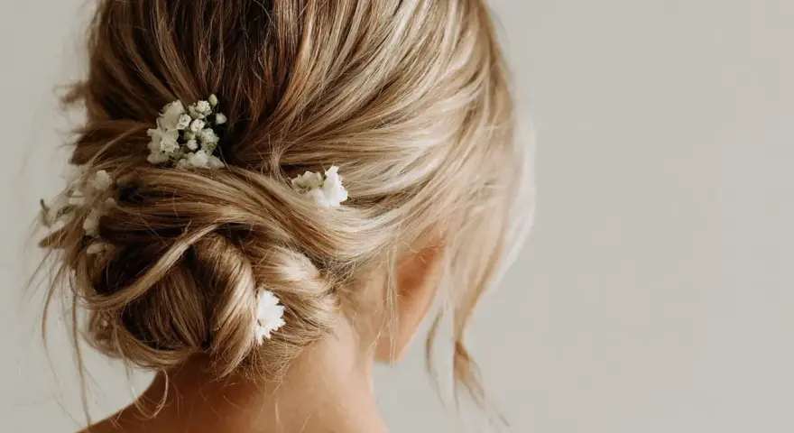 Coiffure invitée mariage boheme : un chignon flou orné de petites fleurs blanches, parfait pour une allure romantique et décontractée.