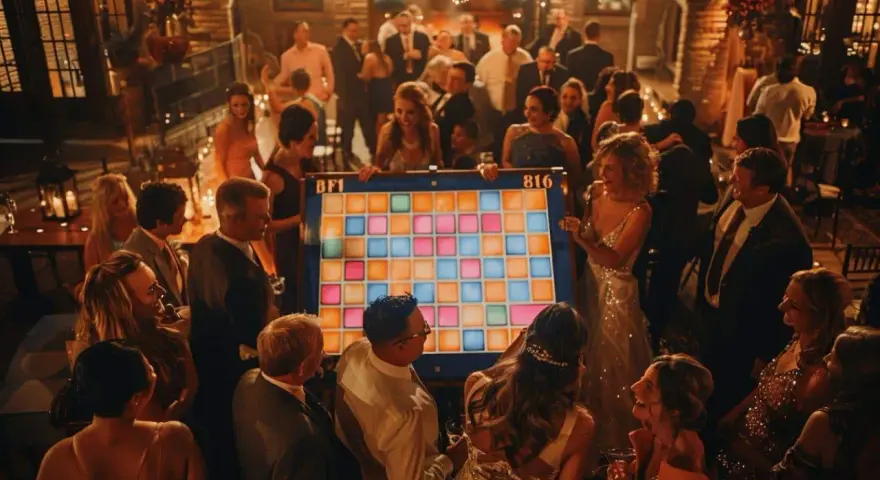 Des invités s'amusent autour d'un jeu coloré, un quizz mariage marrant, lors d'une fête animée.