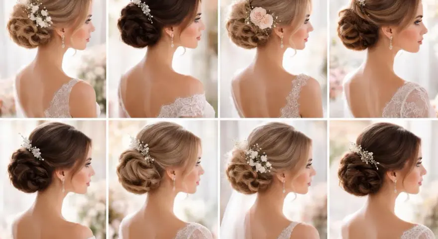 Huit modèles présentent différents chignons ornés de fleurs et de bijoux, parfaits pour une mariée.