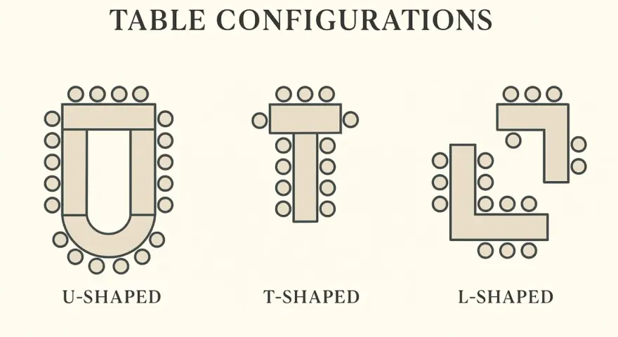 Schémas de disposition de tables pour un mariage : en U, en T, en L.