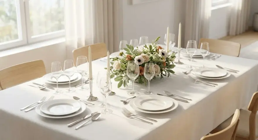Disposition table couvert élégante avec un centre de table floral, des bougies et des verres à vin.