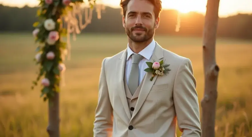 Un homme souriant porte une élégante tenue champêtre homme, un costume beige avec gilet et une boutonnière florale, sous un soleil couchant.