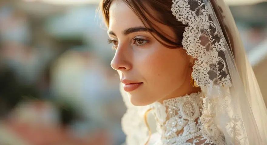 Profil d'une mariée portant une robe traditionnelle portugaise, voile en dentelle fine et col orné de perles.