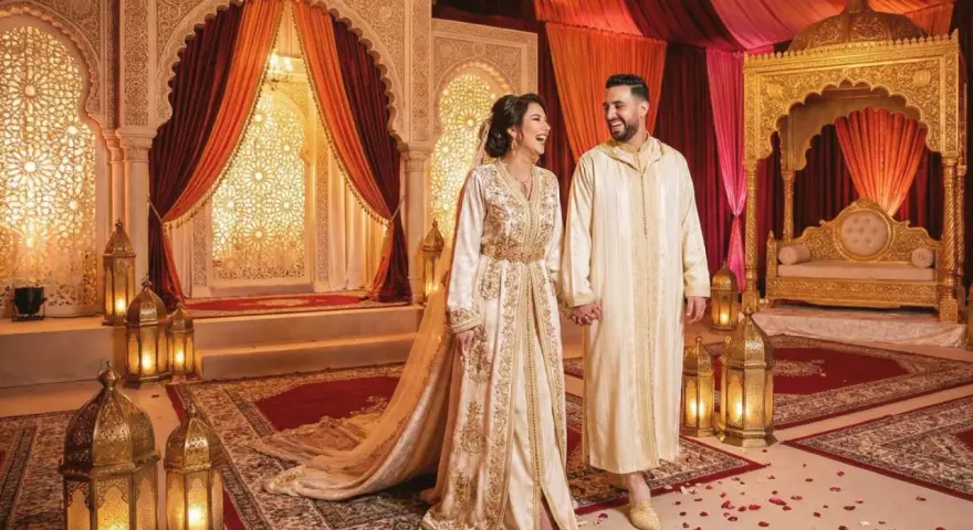 Un couple rayonnant lors d'un mariage arabe, entouré de décorations somptueuses et de lanternes dorées.