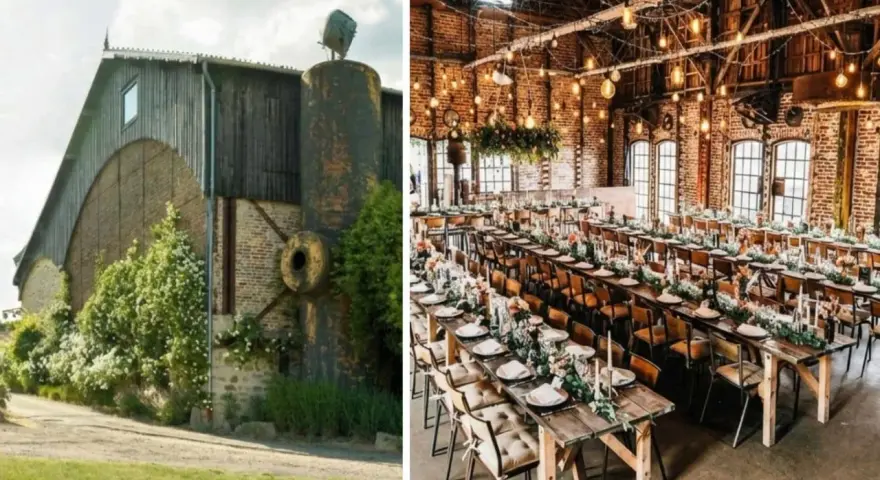 Un mariage insolite dans une grange aménagée, avec des tables dressées et décorées de fleurs, sous des guirlandes lumineuses.