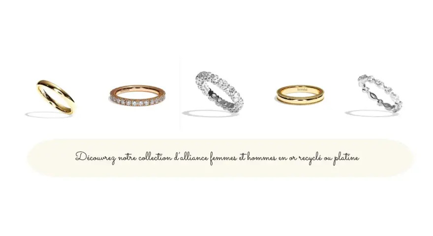 Cinq alliances, dont une alliance or jaune simple, une alliance or rose pavée de diamants, une alliance diamants tour complet, une alliance or jaune texturée et une alliance diamants ajourée.