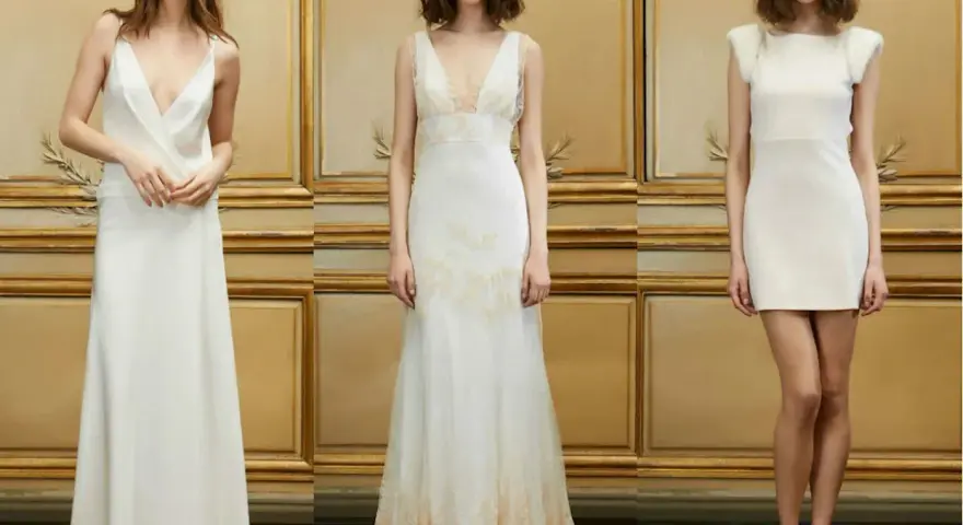 Trois robes de mariée Delphine Manivet : une longue et fluide, une longue en dentelle, et une courte moderne.