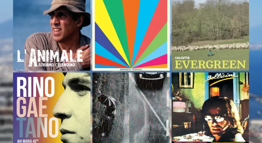 Collage d'albums de musique italienne, dont Adriano Celentano et Vasco Rossi, évoquant une ambiance de chanson d'amour italienne.
