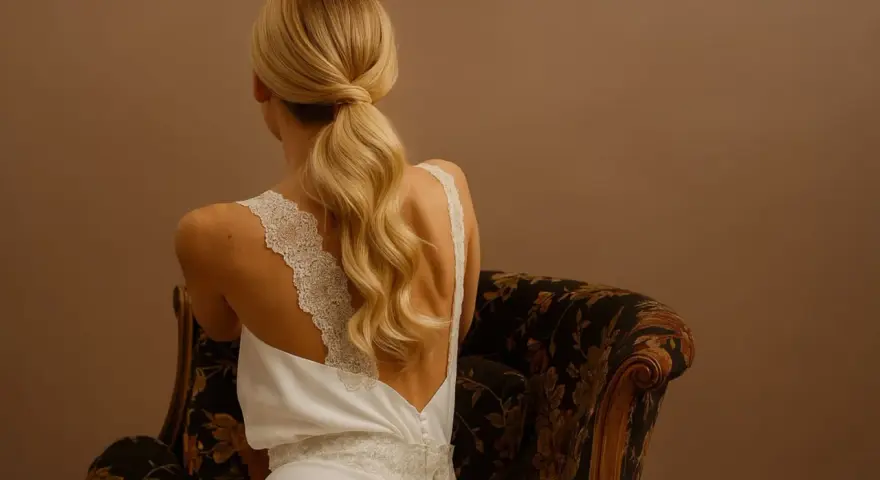 Une mariée aux cheveux blonds, assise sur un fauteuil, arbore une élégante queue de cheval basse mariage, ornée de dentelle sur sa robe.