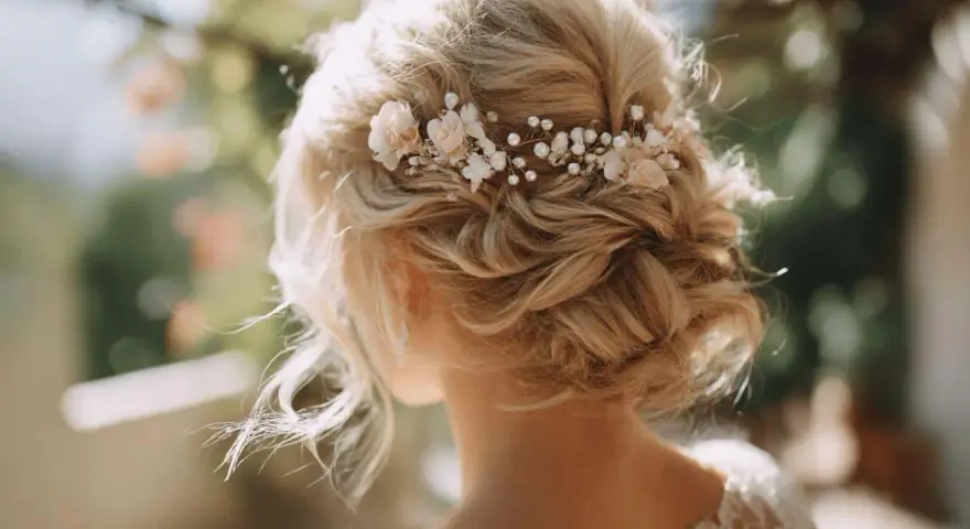 Coiffure mariage cheveux mi long, un chignon flou orné de perles et de petites fleurs, parfait pour un jour J romantique.
