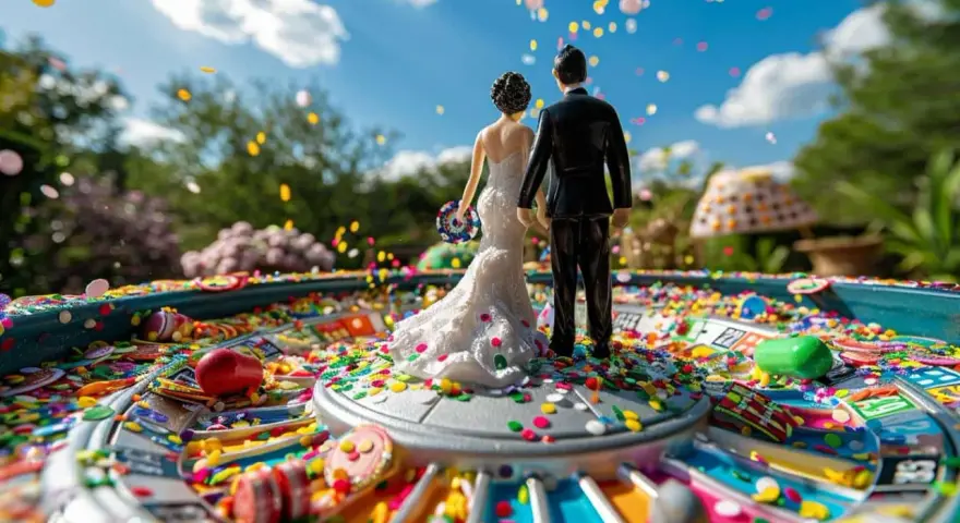 Figurines de mariés sur une roulette de casino colorée, parfaits pour organiser une tombola originale. Confettis et bonbons volent dans l'air.