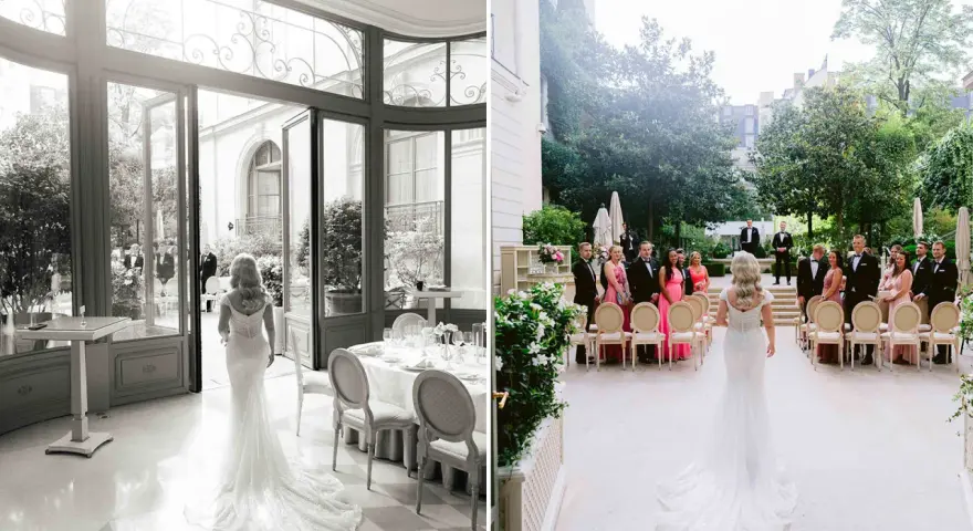La mariée, en robe scintillante, marche vers l'autel extérieur où l'attendent ses invités. La fête de mariage commence.