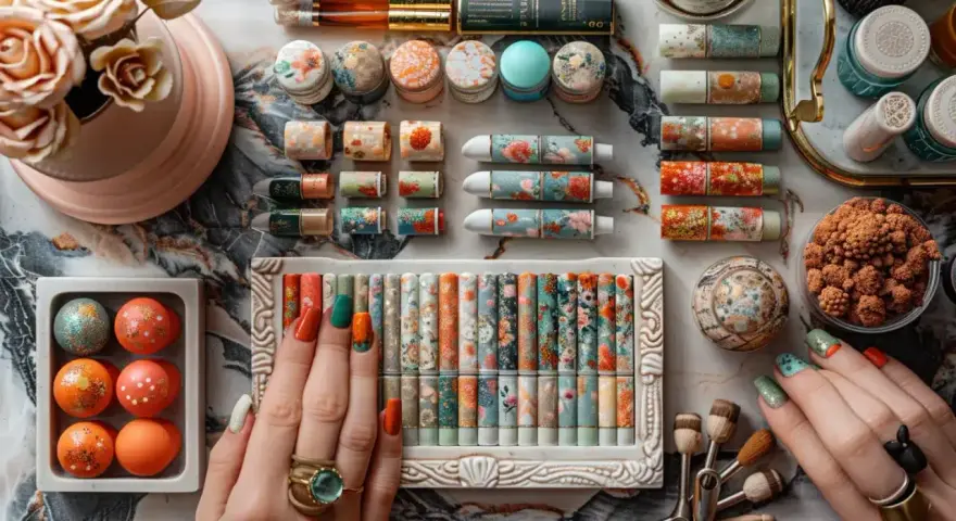 Manucure inspirée d'un mariage bohème : des ongles aux motifs floraux et colorés, assortis à des tubes de maquillage et des boules décoratives.
