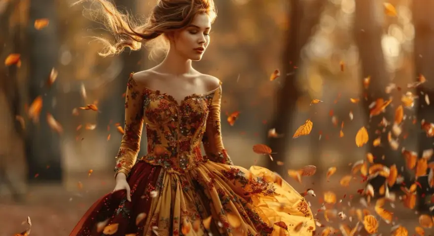 Une jeune femme dans une robe de mariage automne, ses cheveux flottant au vent, entourée de feuilles tombées dans une forêt dorée.