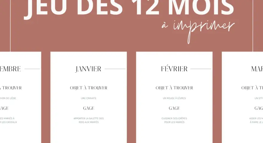 Jeu des 12 mois à imprimer : des gages amusants pour chaque mois, comme trouver une cravate en janvier ou cuisiner des crêpes en février.