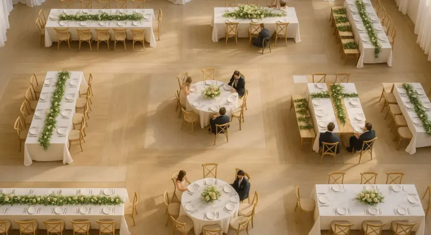 Différents plans de table en épi pour un mariage : tables rectangulaires, rondes et en U, décorées de fleurs.