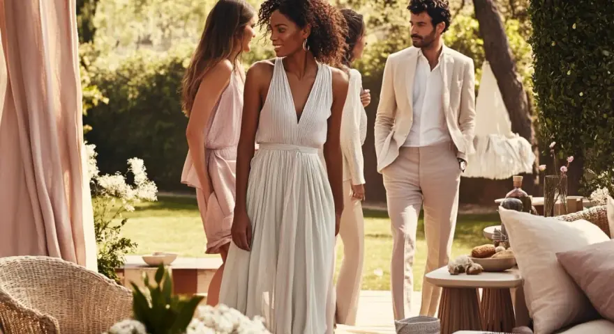 Des invités élégants discutent lors d'un brunch de mariage en plein air. Idées pour comment s'habiller pour un brunch de mariage : robes légères et costumes clairs.