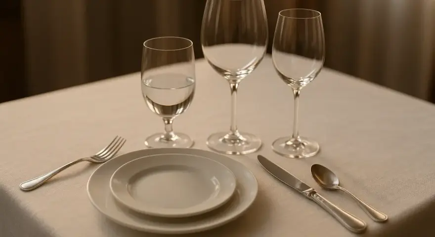 Trois verres à pied sur une table dressée. Quel côté verre à eau est le plus rempli ? Une assiette, une fourchette, un couteau et une cuillère complètent la mise en place.