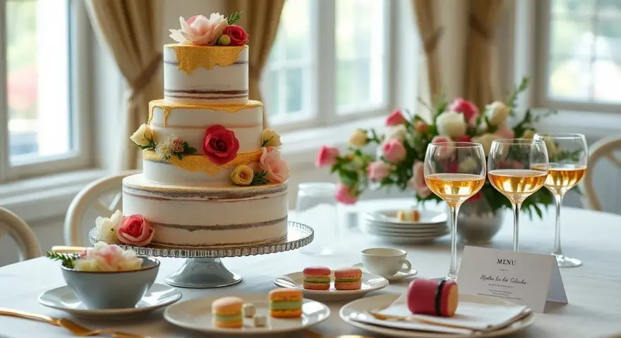 Un magnifique gâteau à trois étages orné de fleurs et de dorures, prêt pour un repas mariage. Des macarons et des coupes de champagne complètent la scène.