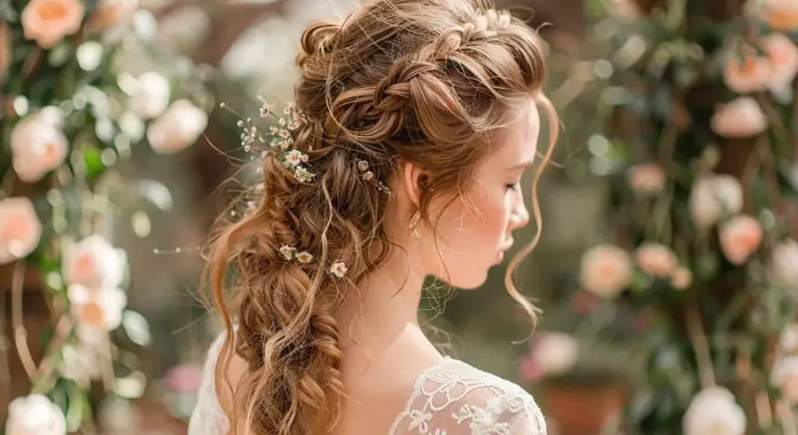 Une mariée avec une demi queue tressée ornée de petites fleurs, parfaite pour un mariage champêtre.