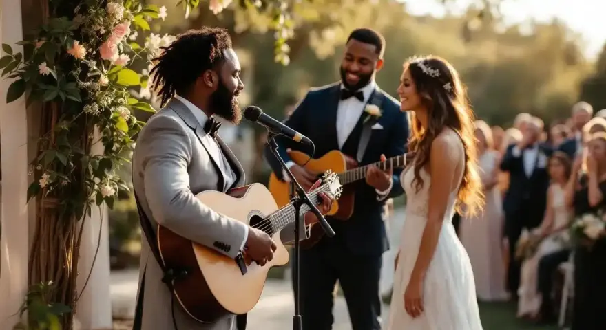 Un musicien joue de la guitare pour un couple marié, créant un moment de surprise mariage émouvant.