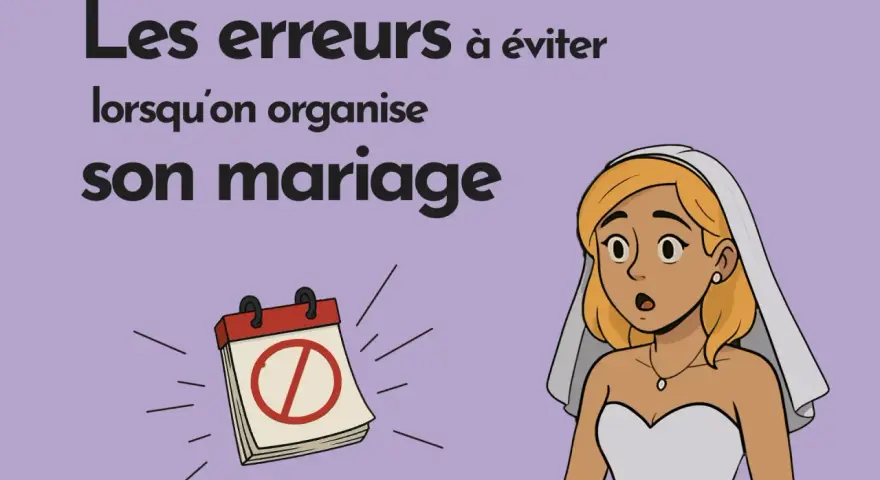 Une mariée surprise regarde un calendrier barré, symbolisant les erreurs à éviter pour organiser son mariage, y compris le dossier mariage mairie.