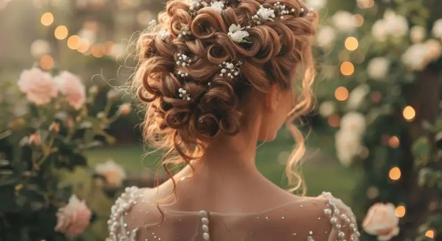 Magnifique coiffure cheveux bouclés mariage, ornée de perles et de petites fleurs blanches, dans un décor champêtre illuminé.