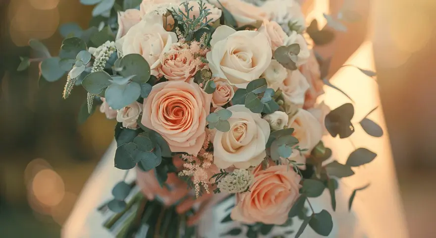 Un joli petit bouquet mariage civil, composé de roses pêche et crème, d'eucalyptus et de petites fleurs blanches, tenu par une mariée.