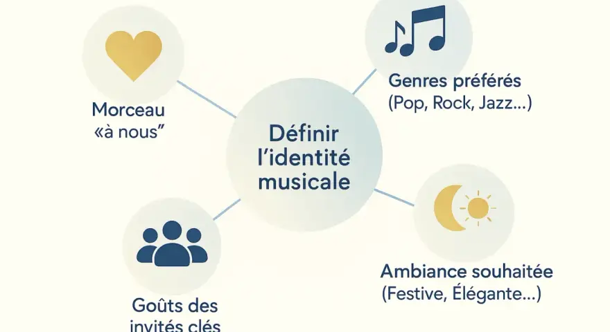 Schéma pour définir l'identité musicale d'une playlist mariage toute faite : morceau à nous, genres préférés, goûts des invités, ambiance souhaitée.