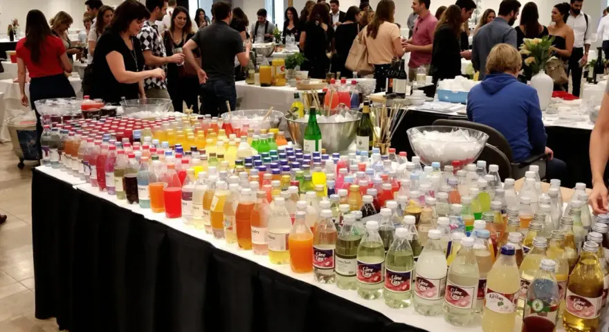 Une table déborde de bouteilles de boissons colorées. Combien de bouteilles d'eau pour 50 personnes ? Il y en a des centaines !